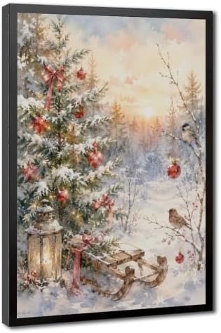Snowy Christmas Tree Canvas Wall Art Winter Sled Birds Decor Black Frame