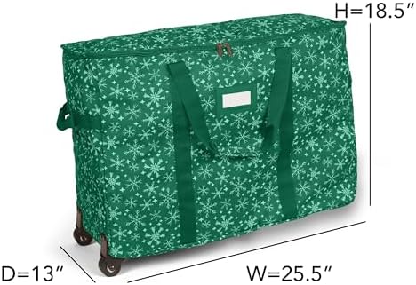Covermates Keepsakes Rolling Adjustable Ornament Storage Bag – Heavy-Duty Polyester, FlexGrid Trays & Padded Dividers – Protective Holiday Organizer with Wheels, Handles & ID Window, Green Snowflake
