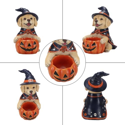 Halloween Decorations Labrador Puppy Figurine with Pumpkin Candy Bowl