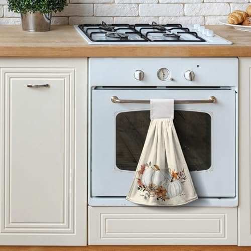 Fall White Pumpkins Hanging Hand Towels Set of 2 Autumn Watercolor Fall Leaves Kitchen Towels with Hanging Loop Thanksgiving Holiday Bath Towels Soft Absorbent Fingertip Dish Tie Towel for Bathroom
