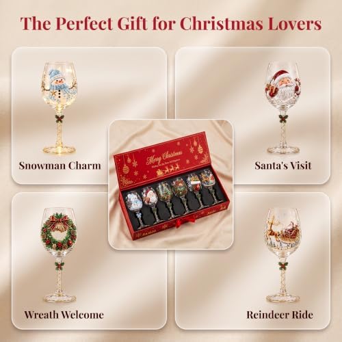 Christmas Wine Glass Collection Gift Box Set, Christmas Wine Glasses, Raised Holiday Goblet with Snowflake Decor, Festive Glassware, Wines & Cocktails, Holiday Party & Table Decor (6pcs)