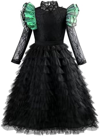 7Pcs Witch Black Costume Dress for Girls Halloween Set with Hat Cape Boom