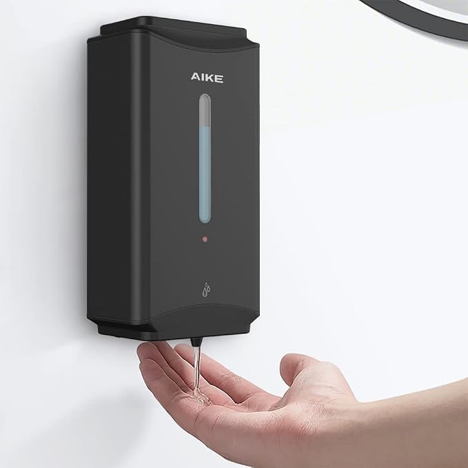 AIKE Heavy Duty Automatic Soap Dispenser,37oz for Bathroom,Matteblack Steel | 5-Level and Savety Key for Commercial(4*AA Batteries Not Included),Screw Wall Mount for Space-Saving,Stainless Steel AK1206