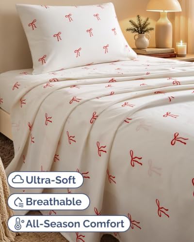 Christmas Sheet Set, Dainty Red Bows, Holiday Xmas Bedding Set - Twin Size