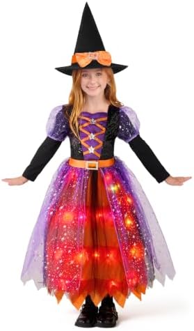 Spooktacular Creations Witch Costume Kids, Light Up Halloween Costumes Witch Dress with Hat and Broom for Girls, Sweet Wizard Set for Toddler Scary Halloween Themed Parties, Orange, M