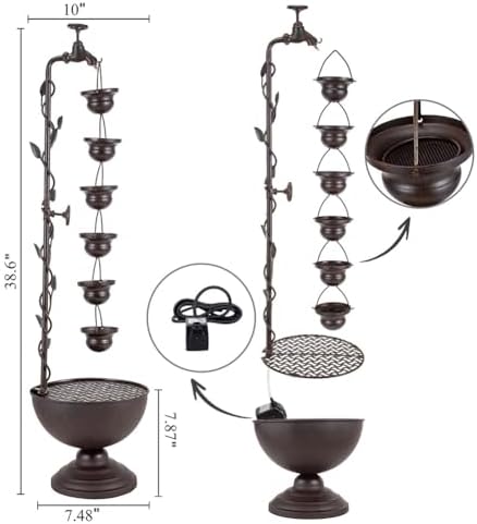 39" Tiered Water Fountain Outdoor 6 Hanging Cups Garden Water Feature