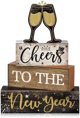 Moucuny 4 Pcs New Year Wooden Block Signs Farmhouse Table Centerpiece