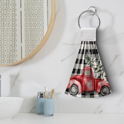 Christmas Hanging Kitchen Towels Winter Buffalo Plaid Red Truck Xmas Tree Hand Towel with Hanging Loop Black and White Check Christmas Dish Tie Towels Fast Drying Washcloth for Bathroom Set of 2