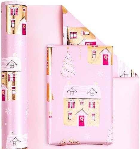 WRAPAHOLIC Reversible Christmas Wrapping Paper - Mini Roll - 17 Inch x 33 Feet - Pink House and Solid Pink Wrapping Paper with Metallic Foil Shine for Chrsitmas, Holiday, Party