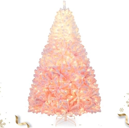 HAPPYGRILL 7 FT Pre-lit Flocked Christmas Tree Pink Hinged Xmas Tree with 1264 Branch Tips, 350 Warm White LED Lights & Folding Metal Stand, for Home Office Carnival