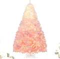 HAPPYGRILL 7 FT Pre-lit Flocked Christmas Tree Pink Hinged Xmas Tree with 1264 Branch Tips, 350 Warm White LED Lights & Folding Metal Stand, for Home Office Carnival