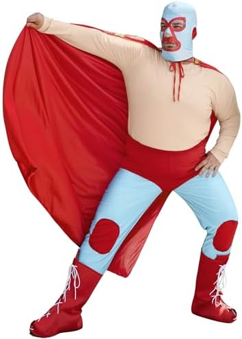 Mainfini 5 Pcs Nacho Libre Costume Adult Men Mexican Wrestler Outfit Funny Tshirt Mask Cape Tights Boot Cover (S-3XL)
