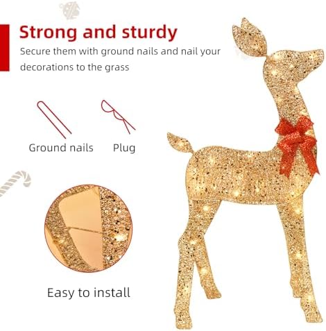 HOYECHI 5 FT Oversized Christmas Decorations Outdoor Lighted Reindeer – 3-Piece 2D Deer Family Set with 160 Warm White LED Lights for Yard, Lawn, Garden & Porch Holiday Display - Gold