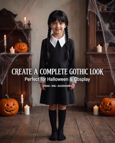 Girls Halloween Black Dress with Wig Necklace Cosplay Costume Set