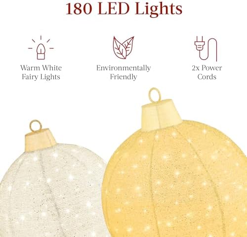 Best Choice Products 2pc Lighted Pop-Up Outdoor Christmas Ornament Set, Holiday Ball Decoration w/ 180 LED Lights, 8 Light Functions - Gold/White