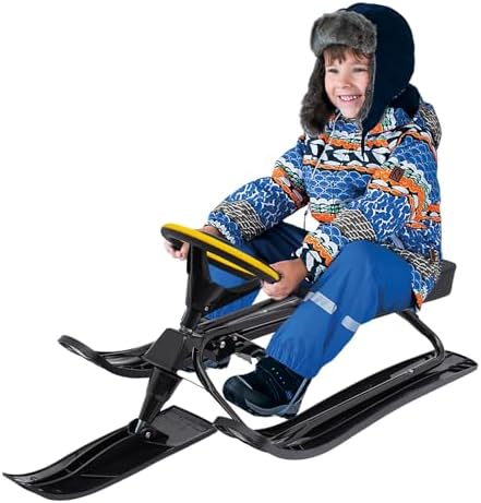 Snow Racer Sled, Ski Sled Slider Board with Steering Wheel and Twin Brakes, 220.5lb Load Capacity Durable Steel Frame Slider Downhill Steerable Sled for Kids Teenagers Adult