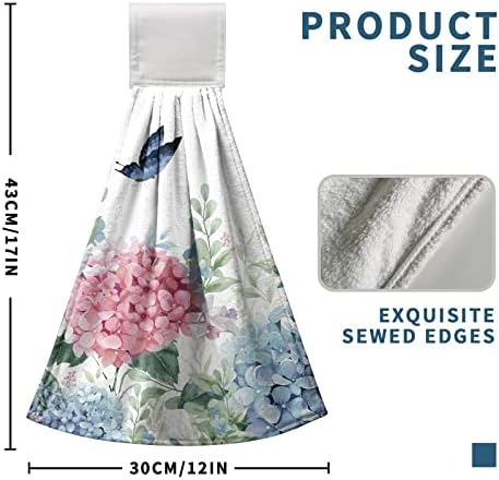 Blue Hydrangea Hanging Hand Towels Set of 2 Watercolor Summer Pink Flower Butterfly Kitchen Towels with Hanging Loop Green Leaf Dish Cloth Towels Soft Absorbent Fingertip Bath Tie Towels for Bathroom