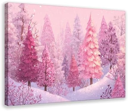 JDBeehpy Snowy Wall Art Pink Pine Forest Canvas Prints Framed 16x24inch