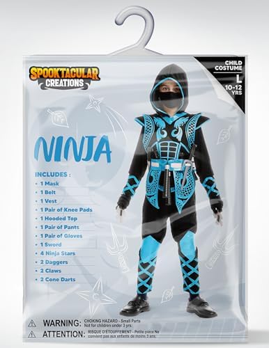 Spooktacular Creations Blue Ninja Costume Set, Ninja Jumpsuit with Foam Accessories for Kids, Toddler Halloween Outfit for Ideas Cosplay Party (Medium, 8-10 yrs)