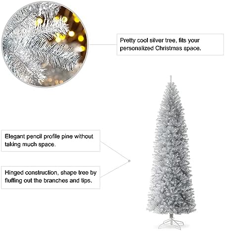 Glitzhome Pencil Tinsel Artificial Christmas Tree, 9ft Silver Christmas Tree with 1860 Branch Tips and Foldable Metal Stand for Home Office Party Decoration