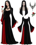 Morticia Addams Costume with Wig Women Halloween Gothic Maxi Dress