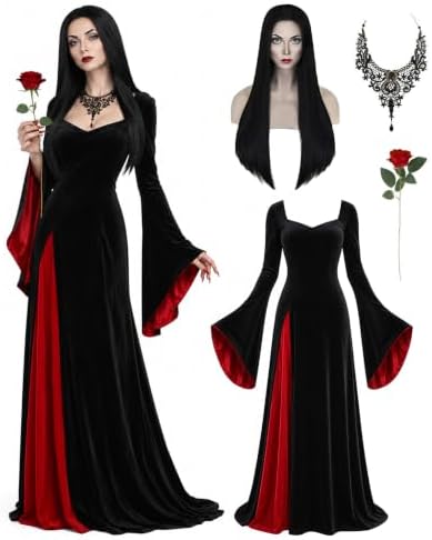 Morticia Addams Costume with Wig Women Halloween Gothic Maxi Dress