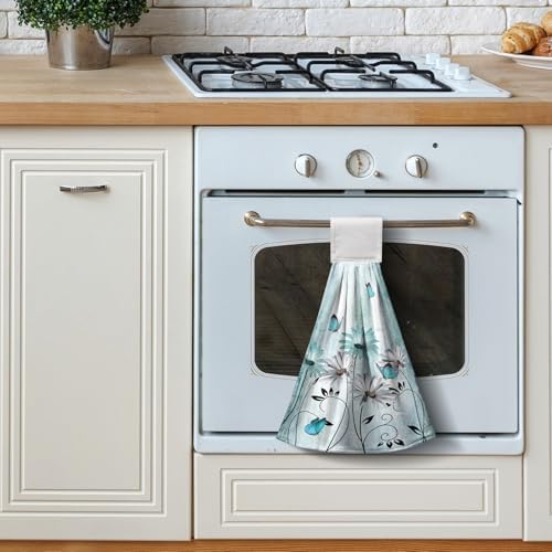 2 Pcs Teal Daisy Floral Hanging Kitchen Towels Turquoise Rustic Poppy Flower Butterfly Hand Towel with Hanging Loop Fast Drying Dish Washcloths Soft Absorbent Fingertip Bath Towel for Bathroom