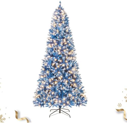 HAPPYGRILL 8 FT Pre-lit Christmas Tree Blue Hinged Artificial Xmas Tree with 420 Warm White LED Lights, 8 Modes, 1458 Frosted Branch Tips, Folding Metal Base, for Home Party Holiday