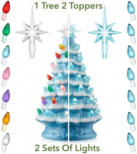 Casafield Hand Painted Ceramic Christmas Tree, Blue Snow Flocked 12-Inch Pre-Lit Tree with 100 Multi Color Lights and 2 Star Toppers