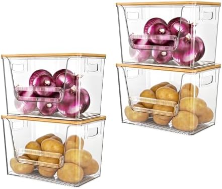 Delamu 4 Pack Pantry Organizers and Storage,Trash Bag Dispenser with Bamboo Top,Stackable Trash Bag Dispenser Under Sink Organizer for 4-30 GalBags,Onion,Potato,Fruits,Clear