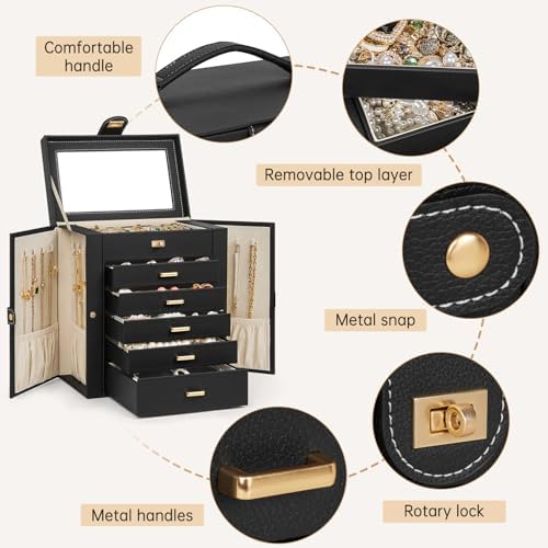 AKOZLIN 6-Tier Jewelry Box Organizer 5 Drawers Storage Medium Black