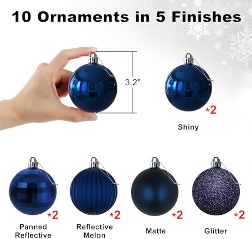 Navy Blue 3.2" Large Christmas Balls - Christmas Tree Decoration Ornaments Shatterproof Hanging Balls for Birthday Halloween Holiday Wedding Decorations Set of 10pcs