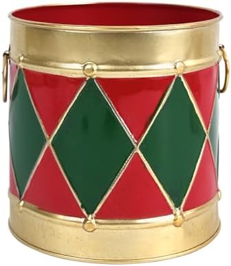 2-Piece Christmas Metal Drum Buckets Set - Festive Ice Bucket & Storage for Small Plants/Ornaments/Candies, Round Decorative Pails for Party Table Centerpieces & Home Mantel Display