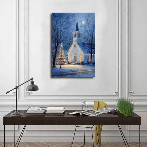 JDBeehpy Night White Church Xmas Tree Canvas Wall Art Unframed 12x18inch