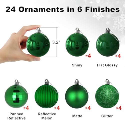 Emerald Green 3.2" Large Christmas Balls - Christmas Tree Decoration Ornaments Shatterproof Hanging Balls for Birthday St. Patrick's Day Easter Mardi Gras Holiday Wedding Decorations Set of 24pcs