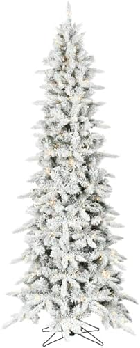Fraser Hill Farm 7.5-Ft. Slim Mountain Pine Flocked Artificial Christmas Tree with Warm White LED Lights and Stand, Prelit Foldable Fake Tree with Realistic Snowy Foliage for Home Decoration