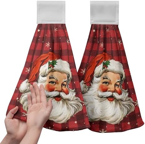 Santa Claus Christmas Hanging Hand Towels Set of 2 Red Black Buffalo Plaid Xmas Kitchen Towels with Hanging Loop Winter Holiday Oven Stove Dish Cloth Soft Absorbent Bath Tie Towel for Bathroom Decor