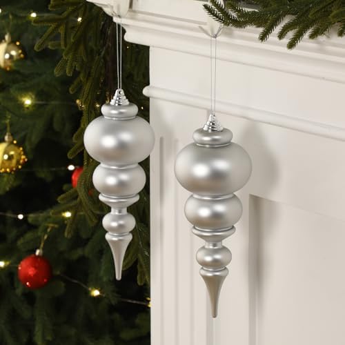 Soulchen 2 Pcs 12" Large Christmas Finial Drop Ornaments, Silver, Matte