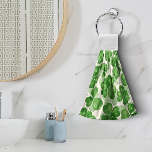 St Patricks Day Clover Hanging Kitchen Towel Green Lucky Shamrocks Hand Towels with Loop Set of 2 Tea Bar Dish Cloths Soft Absorbent Durable Tie Towel for Bathroom Decor 12 x 17 in