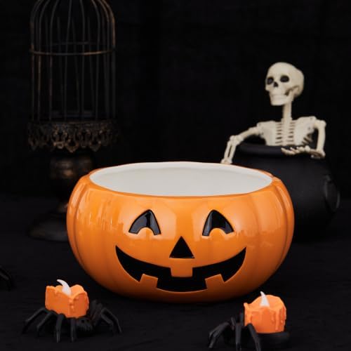 Bico Halloween Pumpkin Ceramic Candy Bowl, 8.8 inch Jack O Lantern Bowl