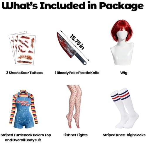 Halloween Chucky Costume for Women Bolero Top Overall Bodysuit Knee-high Socks Scar Tattoos Prop Knife