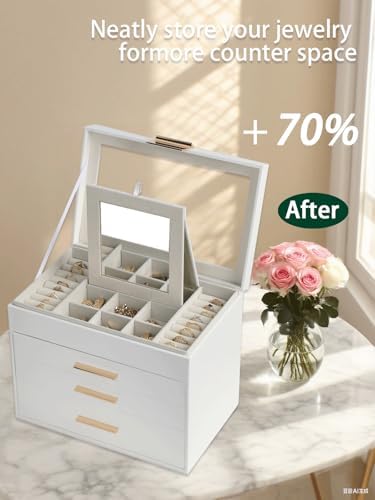 BOOVO Jewelry Boxes for Women, White and Black 6 Layer Large Jewelry Box for Necklace, Bracelet, Earrings, Rings Storage, Jewelry holder Organizer for Girls Gift (Clear White, 4 layer)