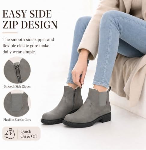 Womens Chelsea Boots Fur Lined Winter Ankle Boots Side Zip Round Toe