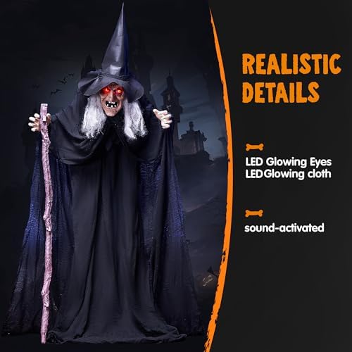 JOYIN Outdoor Halloween Decorations Animatronics Witch with Cane, Life Size Animated Ghost Haunted House Prop Décor with Creepy Sound and Light-up Eyes, Party Supplies