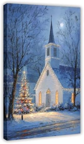 JDBeehpy Night White Church Xmas Tree Canvas Wall Art Framed 12x18inch