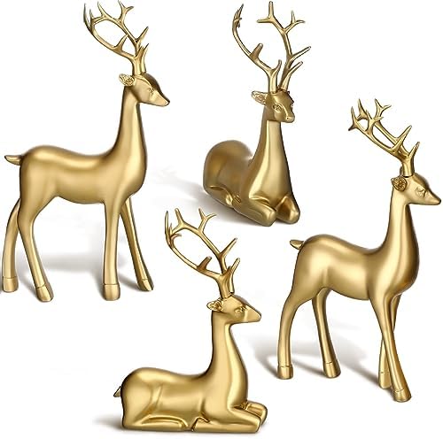 Thyle 4 Pcs Christmas Reindeer Decor Indoor Small Gold Resin Deer Figurine