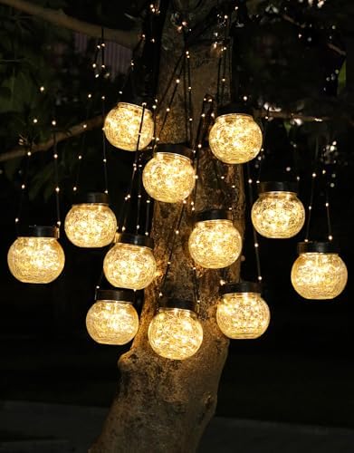 PARTPHONER Solar Lights Outdoor Waterproof 12-Pack, Solar Powered Hanging Lantern Cracked Glass Hanging Globes for Yard Decor Christmas Decoration, Shepherd Hook, Garden Tree Ornaments, Warm White