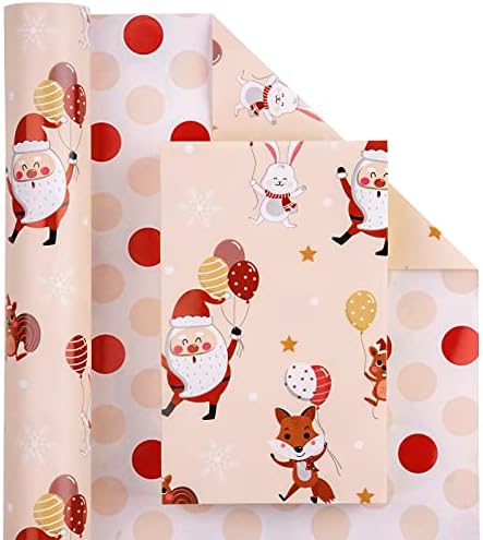 WRAPAHOLIC Reversible Christmas Wrapping Paper - Mini Roll - 17 Inch x 33 Feet - Red and Pink Dancing Santa Claus Reindeer and Colorful Polka Dots Design for Christmas, Holiday, Party