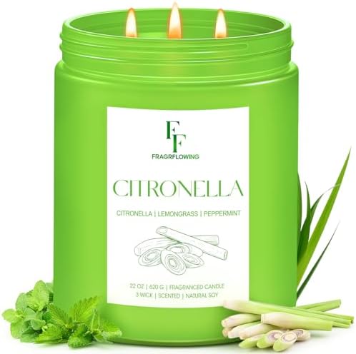 Citronella Large Scented Candle Outdoor Indoor, 3-Wick 22oz Long Lasting Scented Candle, Natural Soy Wax Aromatherapy Candle for Backyard Patio Garden Camping