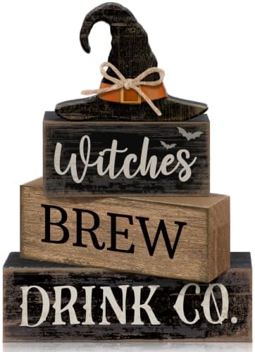 Lineshading 4 Pcs Halloween Witch Wood Block Signs, Tiered Tray Decor